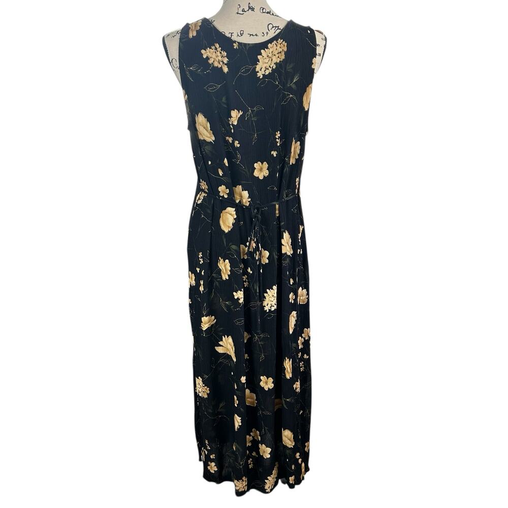 Vintage R&K Originals Dress Size 16 Black Tan Floral Crinkle Crepe Tie Back Maxi - Picture 3 of 10